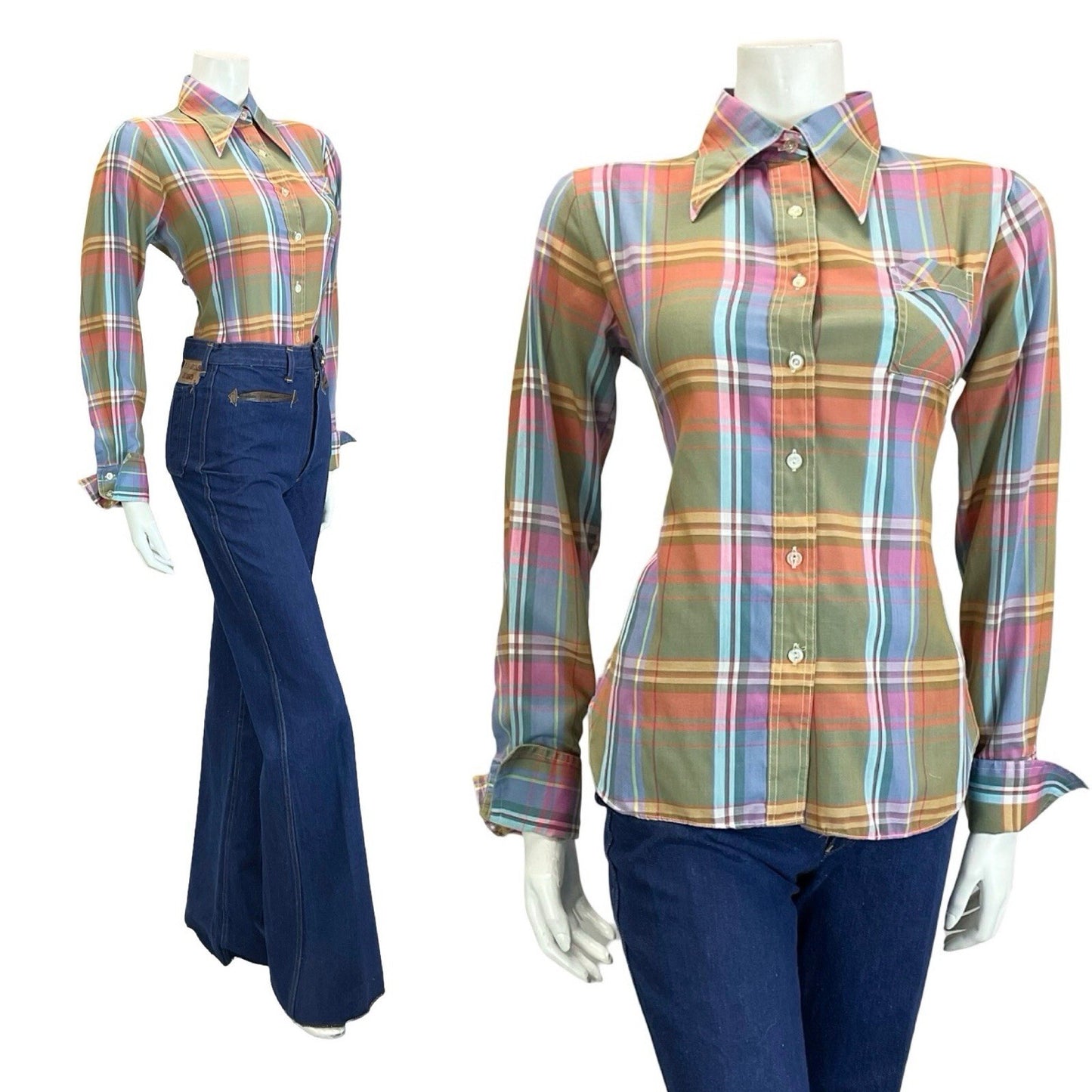 VTG 60S 70S GREEN PINK BLUE YELLOW WHITE PLAID CHECKED DAGGER FOLK SHIRT 14