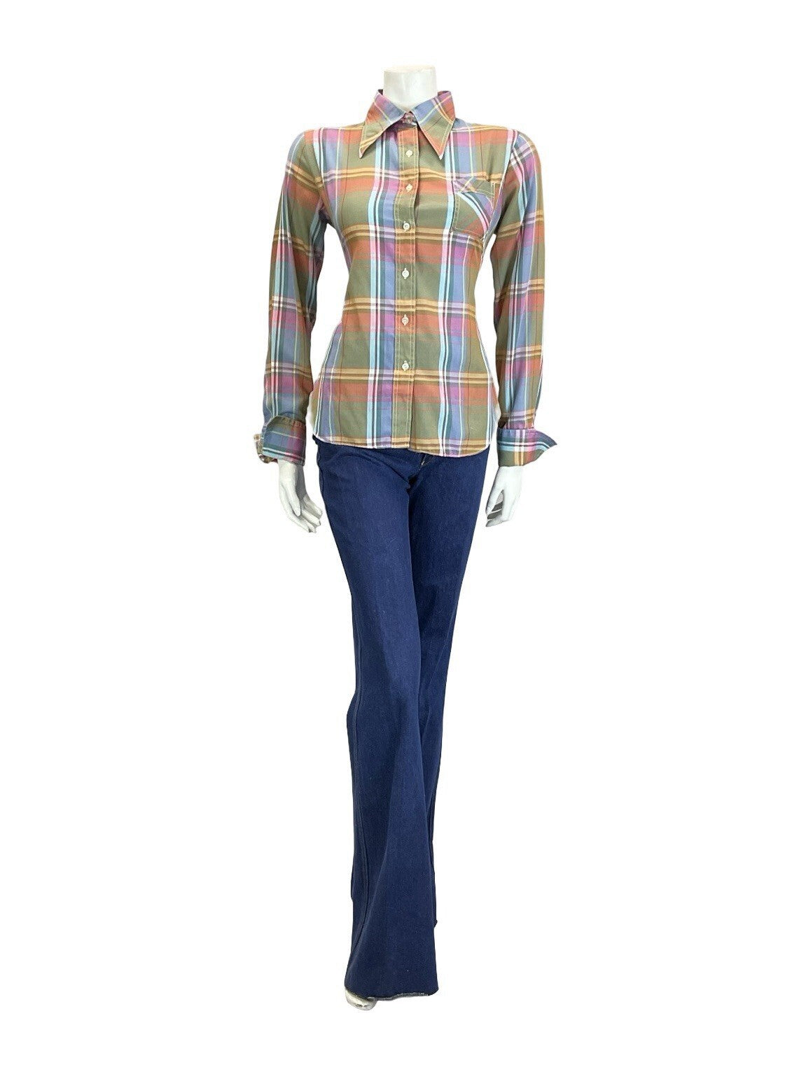 VTG 60S 70S GREEN PINK BLUE YELLOW WHITE PLAID CHECKED DAGGER FOLK SHIRT 14