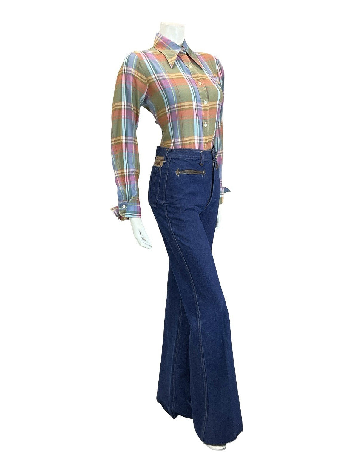 VTG 60S 70S GREEN PINK BLUE YELLOW WHITE PLAID CHECKED DAGGER FOLK SHIRT 14
