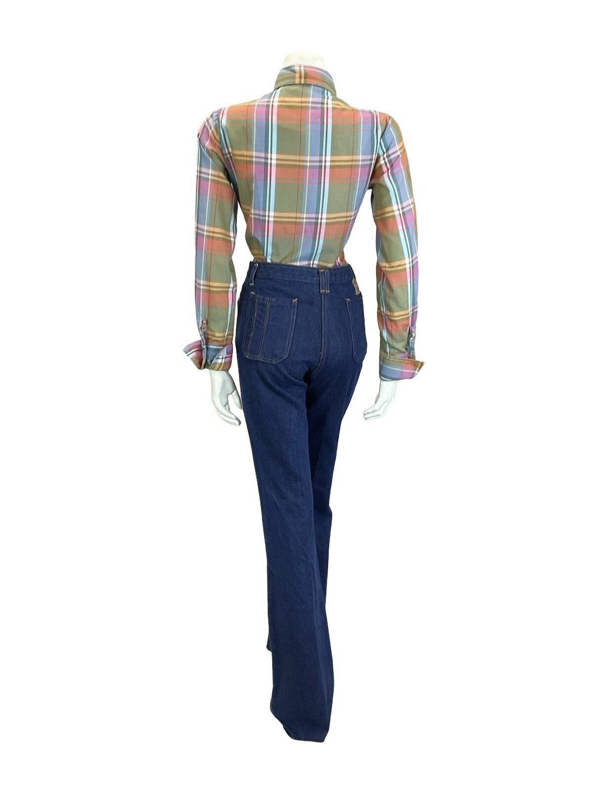 VTG 60S 70S GREEN PINK BLUE YELLOW WHITE PLAID CHECKED DAGGER FOLK SHIRT 14