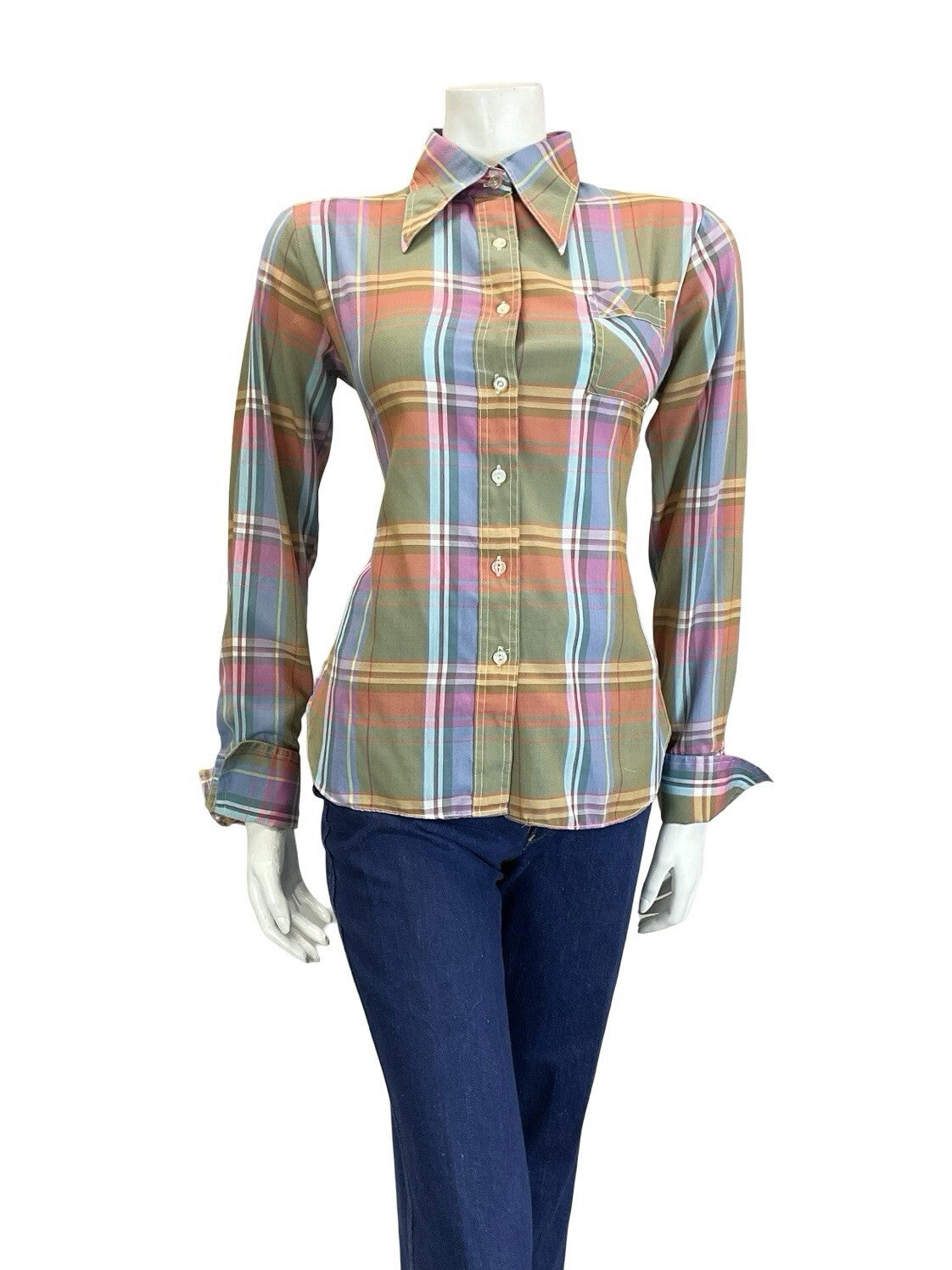 VTG 60S 70S GREEN PINK BLUE YELLOW WHITE PLAID CHECKED DAGGER FOLK SHIRT 14