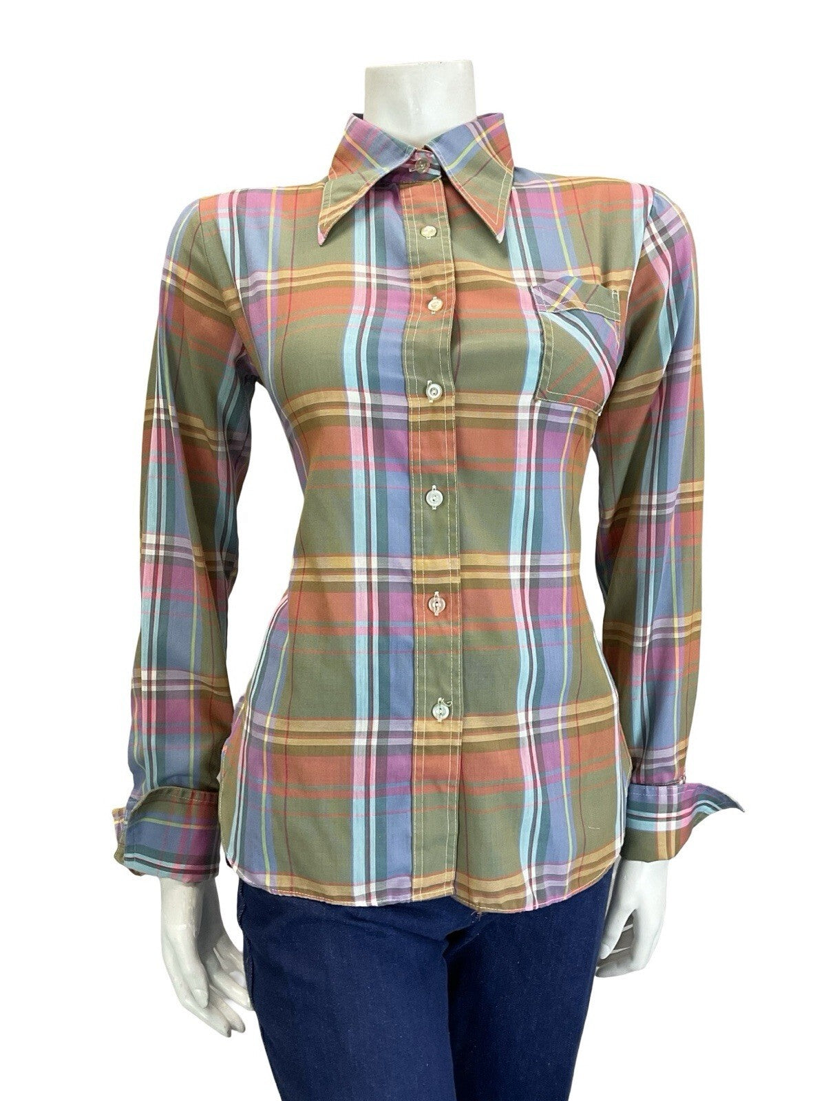 VTG 60S 70S GREEN PINK BLUE YELLOW WHITE PLAID CHECKED DAGGER FOLK SHIRT 14