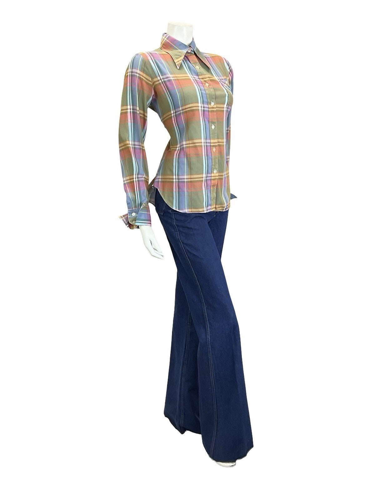 VTG 60S 70S GREEN PINK BLUE YELLOW WHITE PLAID CHECKED DAGGER FOLK SHIRT 14