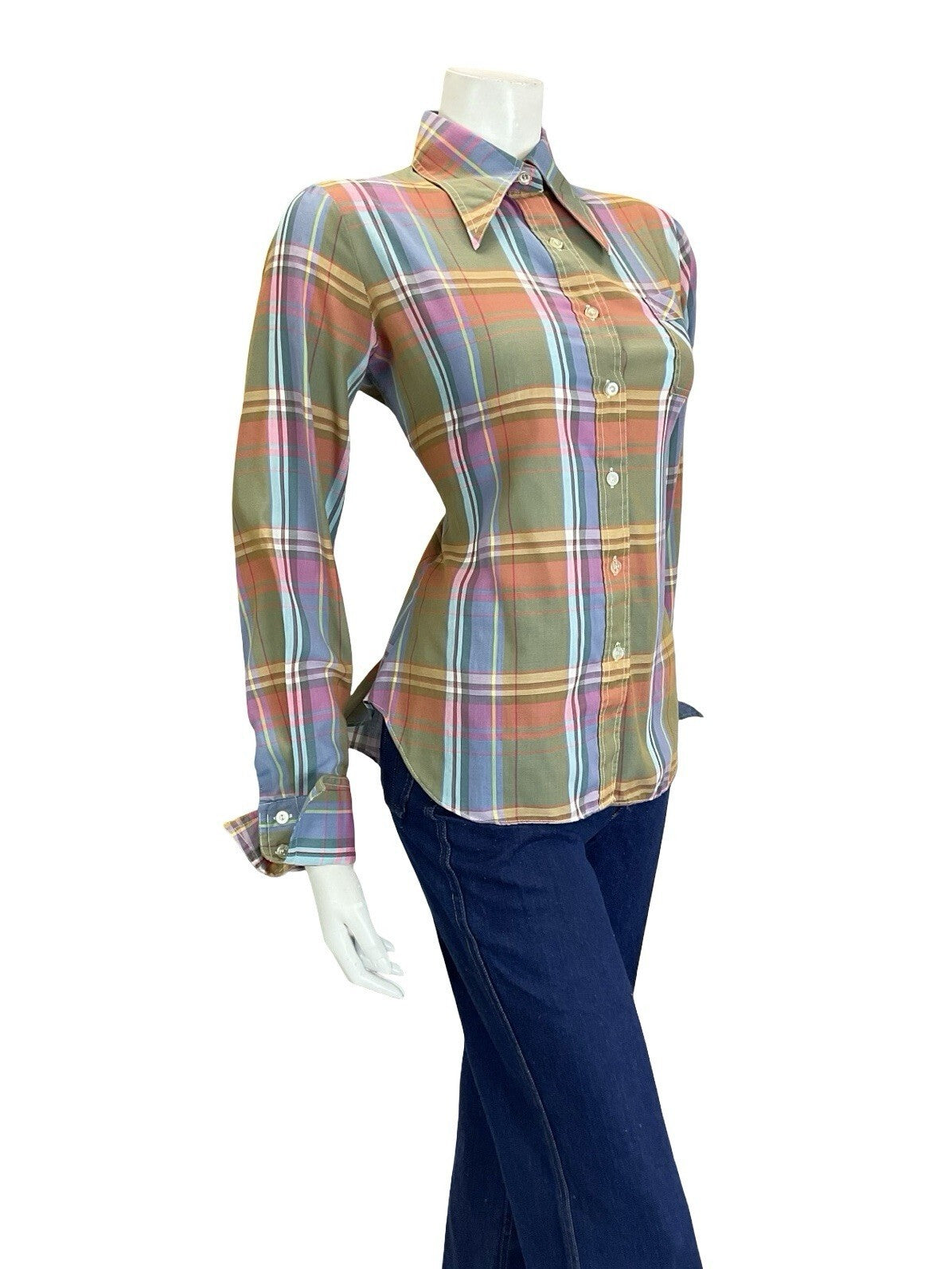 VTG 60S 70S GREEN PINK BLUE YELLOW WHITE PLAID CHECKED DAGGER FOLK SHIRT 14