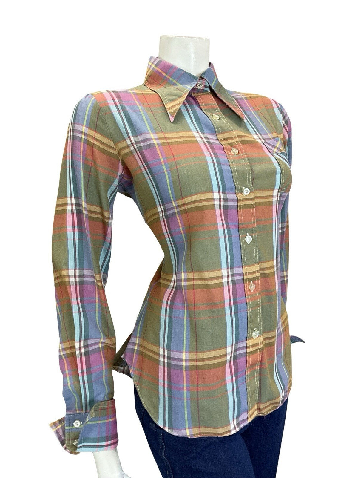 VTG 60S 70S GREEN PINK BLUE YELLOW WHITE PLAID CHECKED DAGGER FOLK SHIRT 14