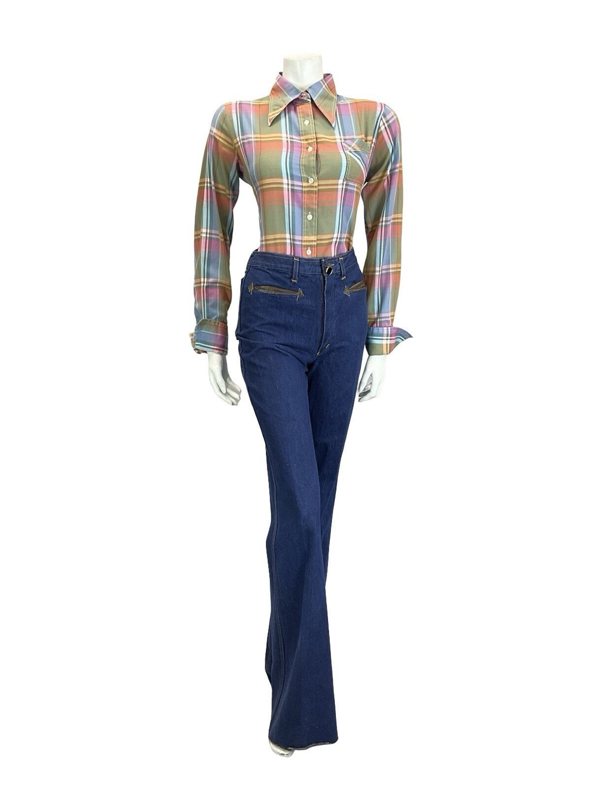 VTG 60S 70S GREEN PINK BLUE YELLOW WHITE PLAID CHECKED DAGGER FOLK SHIRT 14