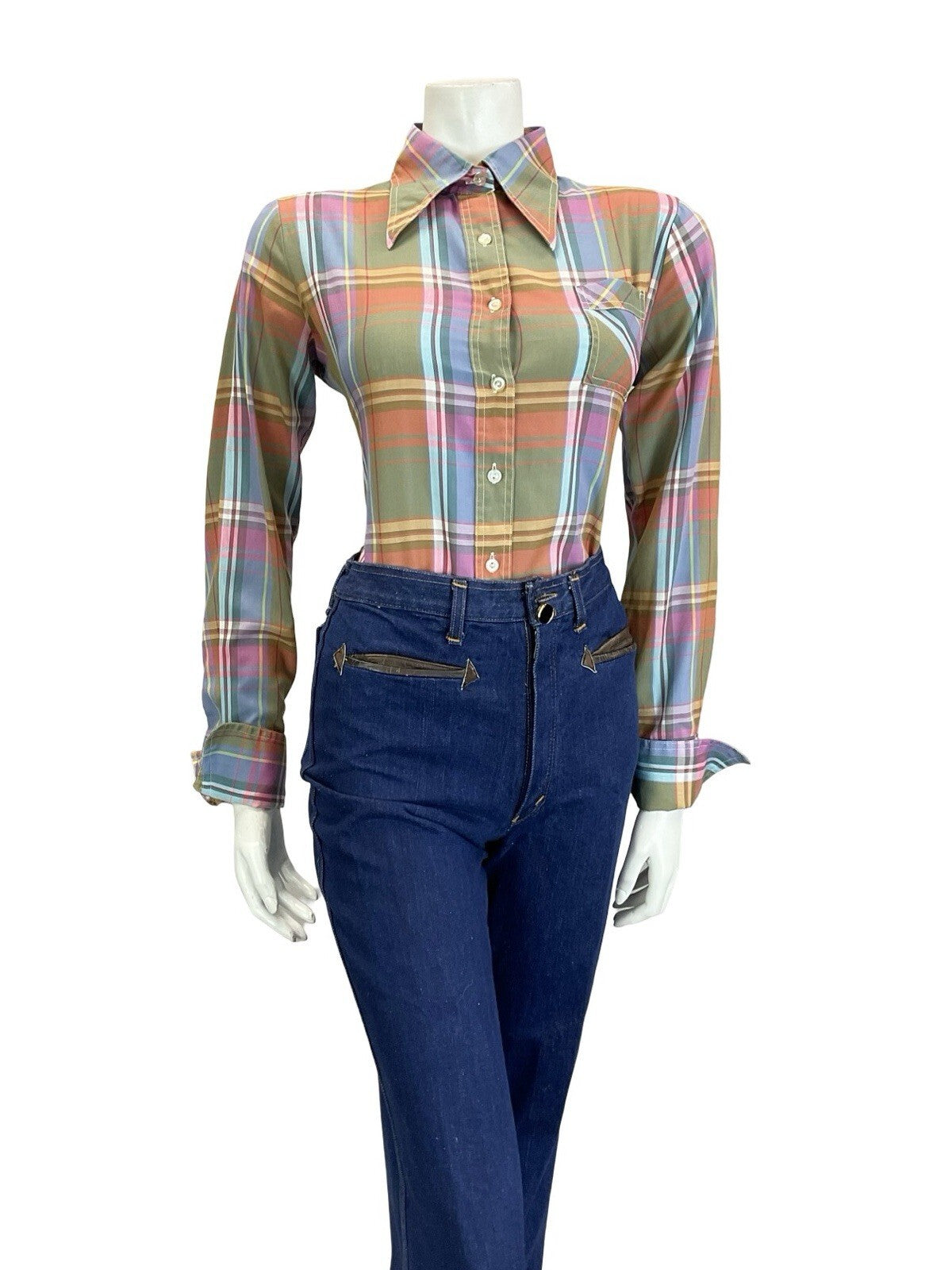 VTG 60S 70S GREEN PINK BLUE YELLOW WHITE PLAID CHECKED DAGGER FOLK SHIRT 14