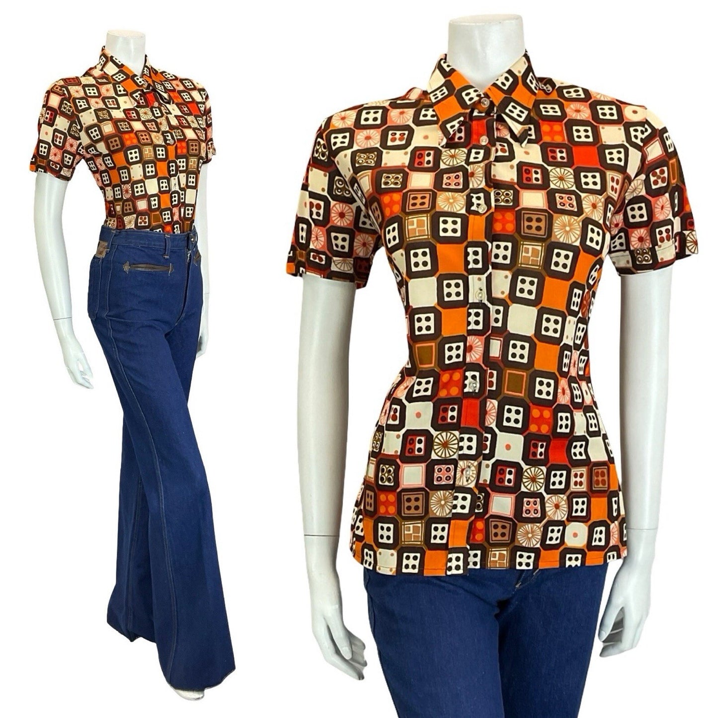 VTG 70S RETRO BROWN CREAM ORANGE RED GEOMETRIC DICE DAGGER COLLAR SHIRT 10