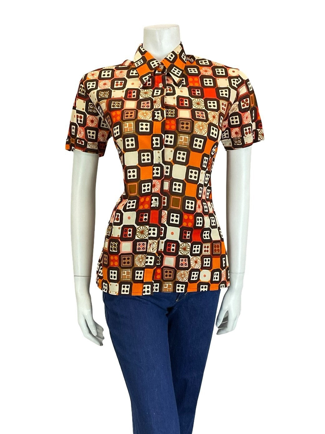 VTG 70S RETRO BROWN CREAM ORANGE RED GEOMETRIC DICE DAGGER COLLAR SHIRT 10