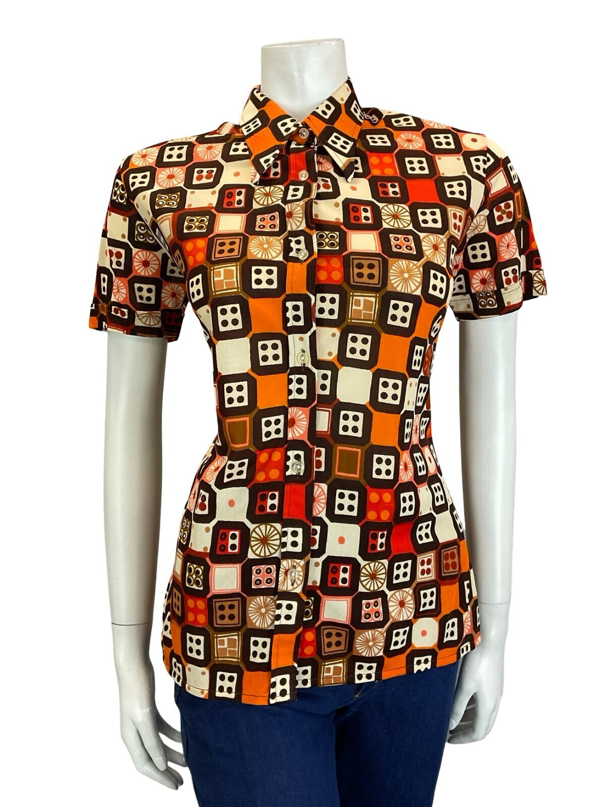 VTG 70S RETRO BROWN CREAM ORANGE RED GEOMETRIC DICE DAGGER COLLAR SHIRT 10