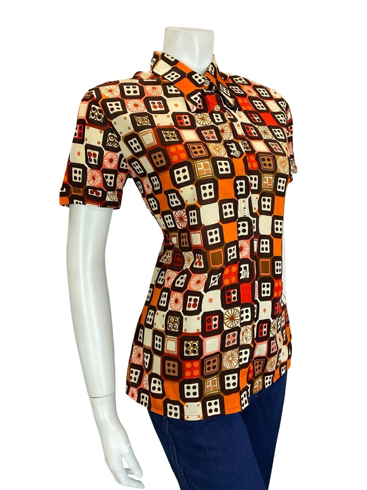 VTG 70S RETRO BROWN CREAM ORANGE RED GEOMETRIC DICE DAGGER COLLAR SHIRT 10