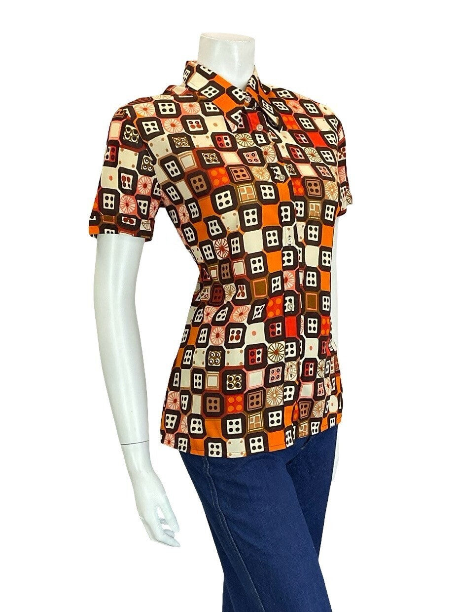 VTG 70S RETRO BROWN CREAM ORANGE RED GEOMETRIC DICE DAGGER COLLAR SHIRT 10