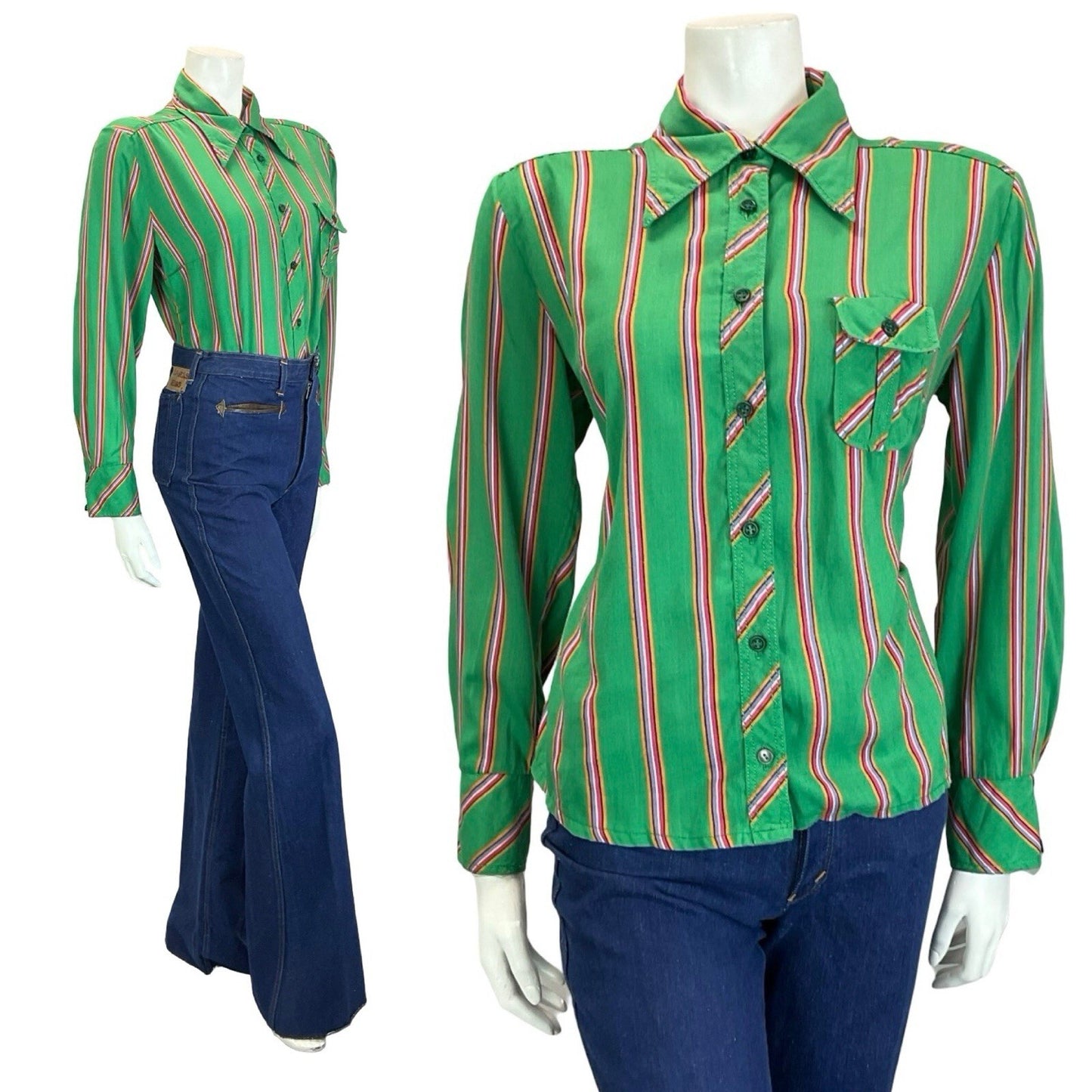 VTG 60S 70S GREEN PURPLE PINK ORANGE STRIPE GEOMETRIC DAGGER COLLAR SHIRT 16