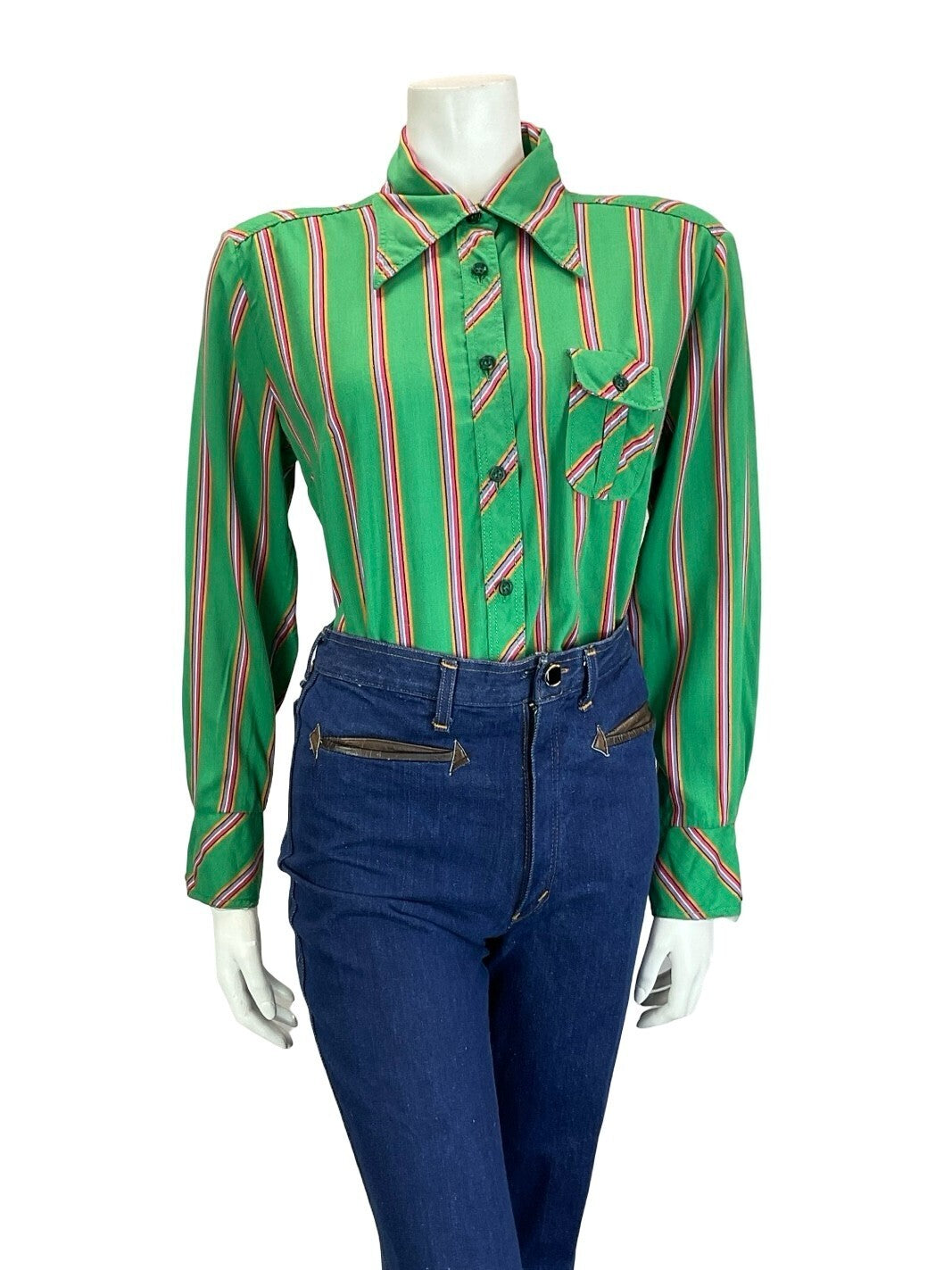 VTG 60S 70S GREEN PURPLE PINK ORANGE STRIPE GEOMETRIC DAGGER COLLAR SHIRT 16