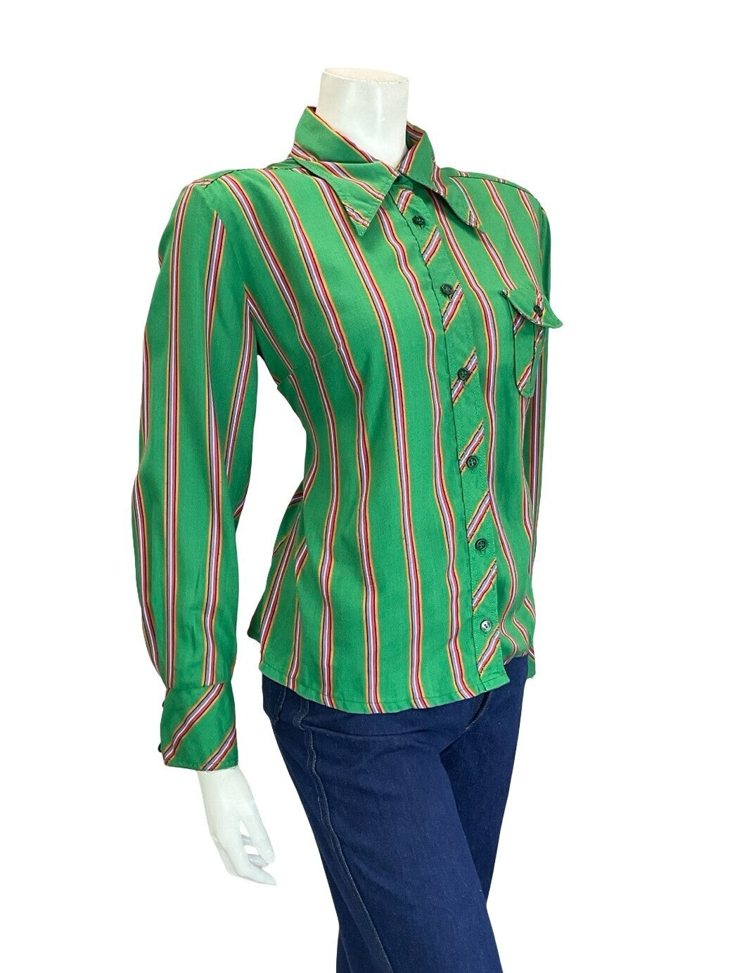 VTG 60S 70S GREEN PURPLE PINK ORANGE STRIPE GEOMETRIC DAGGER COLLAR SHIRT 16