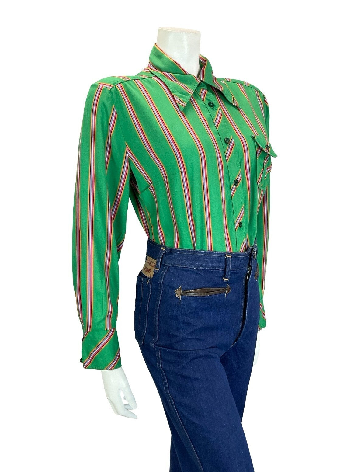 VTG 60S 70S GREEN PURPLE PINK ORANGE STRIPE GEOMETRIC DAGGER COLLAR SHIRT 16