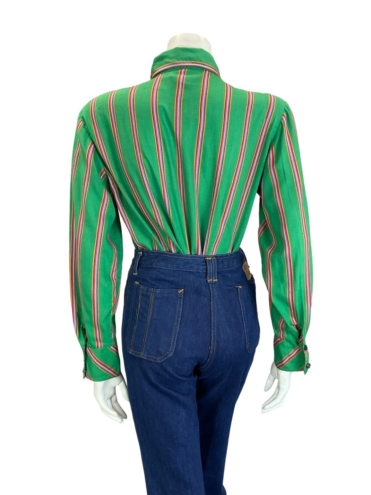 VTG 60S 70S GREEN PURPLE PINK ORANGE STRIPE GEOMETRIC DAGGER COLLAR SHIRT 16