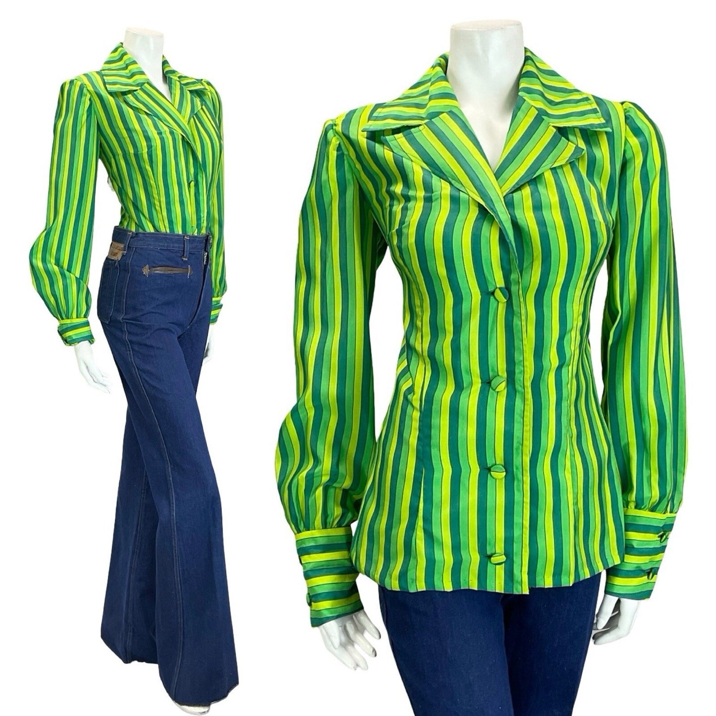 VTG 60S 70S GREEN STRIPED NOTCH LAPEL COLLAR BISHOP SLEEVE BLAZER SHIRT 12