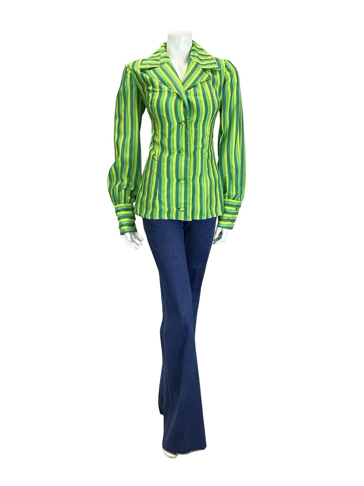 VTG 60S 70S GREEN STRIPED NOTCH LAPEL COLLAR BISHOP SLEEVE BLAZER SHIRT 12