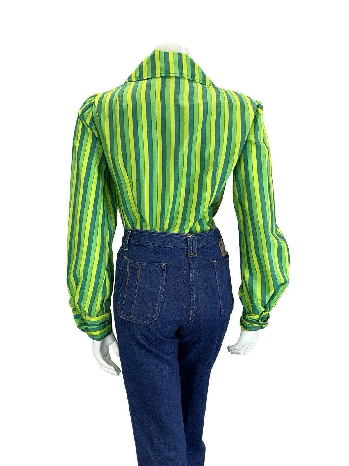 VTG 60S 70S GREEN STRIPED NOTCH LAPEL COLLAR BISHOP SLEEVE BLAZER SHIRT 12
