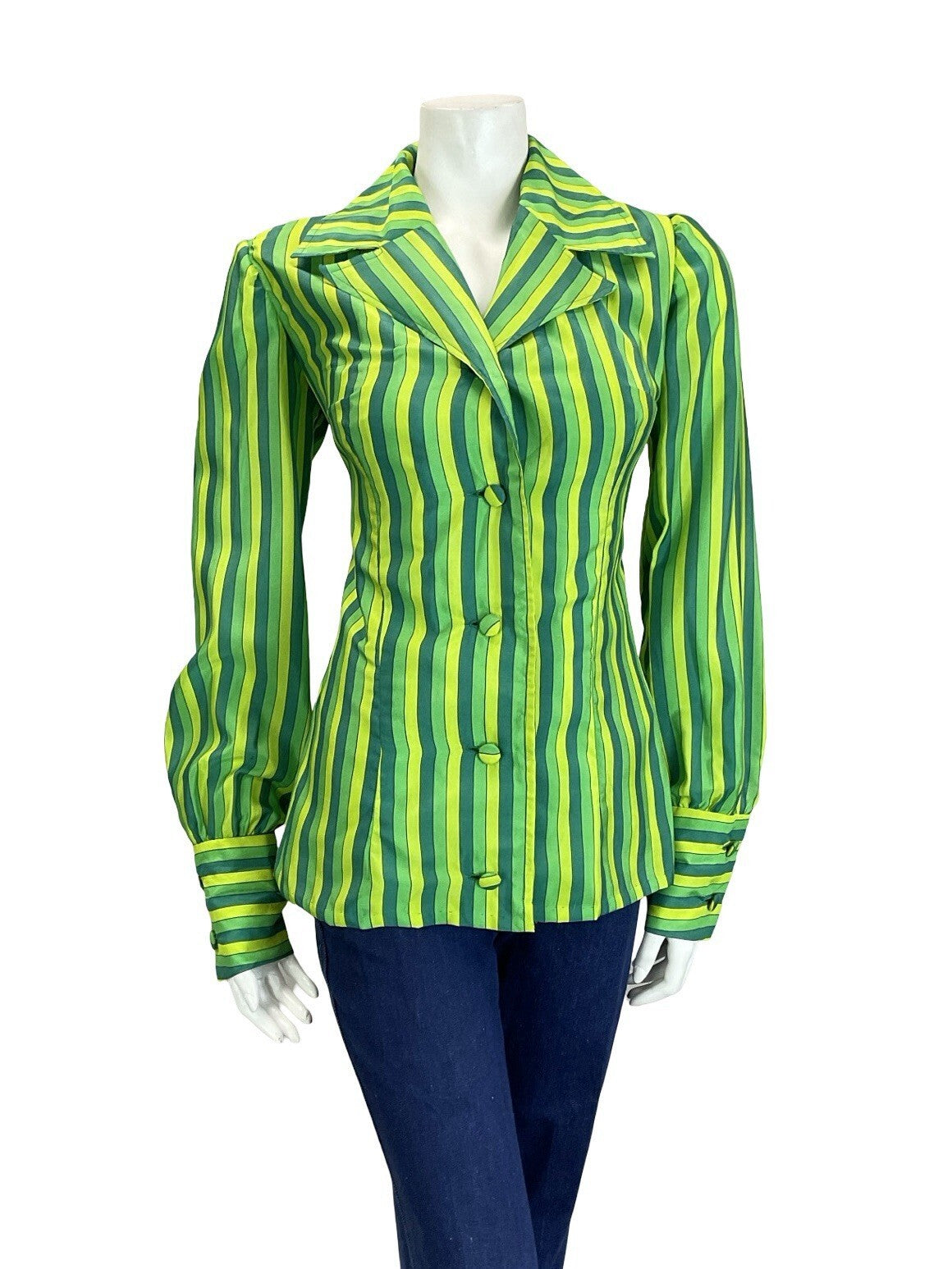 VTG 60S 70S GREEN STRIPED NOTCH LAPEL COLLAR BISHOP SLEEVE BLAZER SHIRT 12