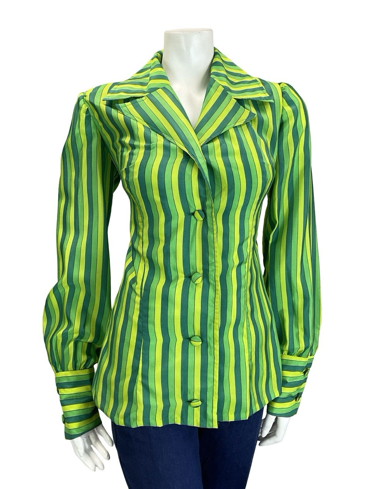VTG 60S 70S GREEN STRIPED NOTCH LAPEL COLLAR BISHOP SLEEVE BLAZER SHIRT 12