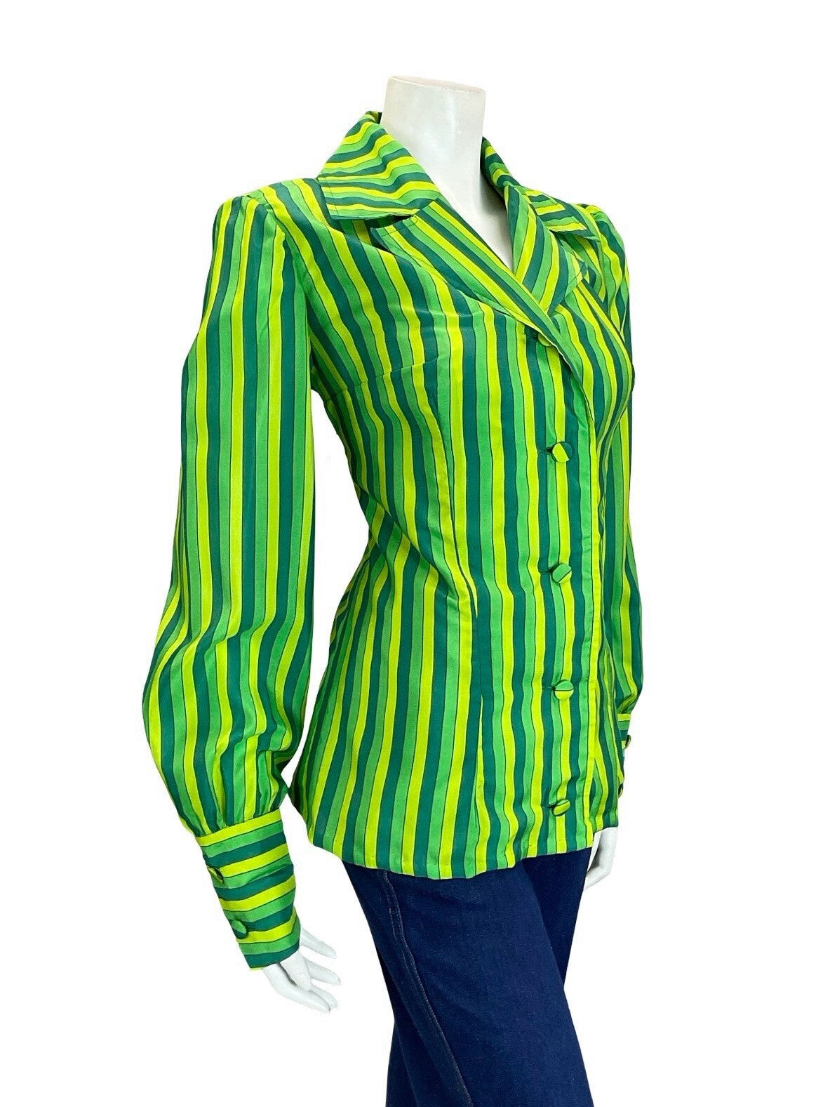 VTG 60S 70S GREEN STRIPED NOTCH LAPEL COLLAR BISHOP SLEEVE BLAZER SHIRT 12
