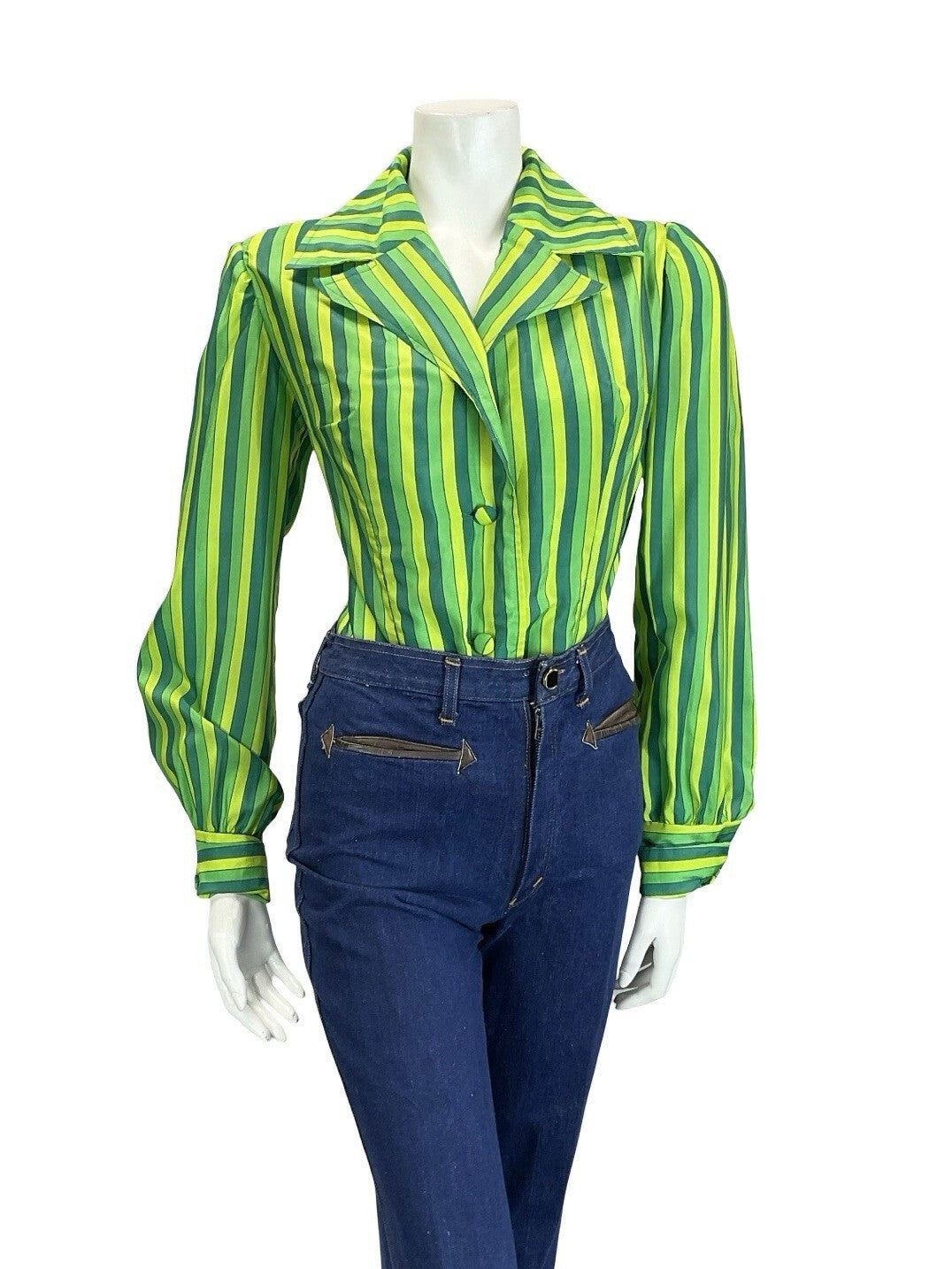 VTG 60S 70S GREEN STRIPED NOTCH LAPEL COLLAR BISHOP SLEEVE BLAZER SHIRT 12