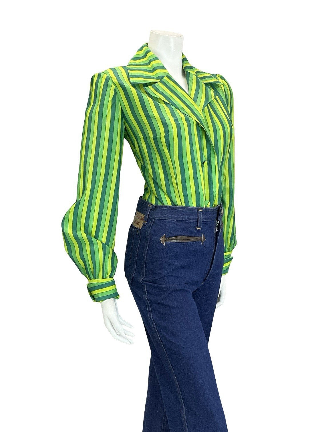 VTG 60S 70S GREEN STRIPED NOTCH LAPEL COLLAR BISHOP SLEEVE BLAZER SHIRT 12