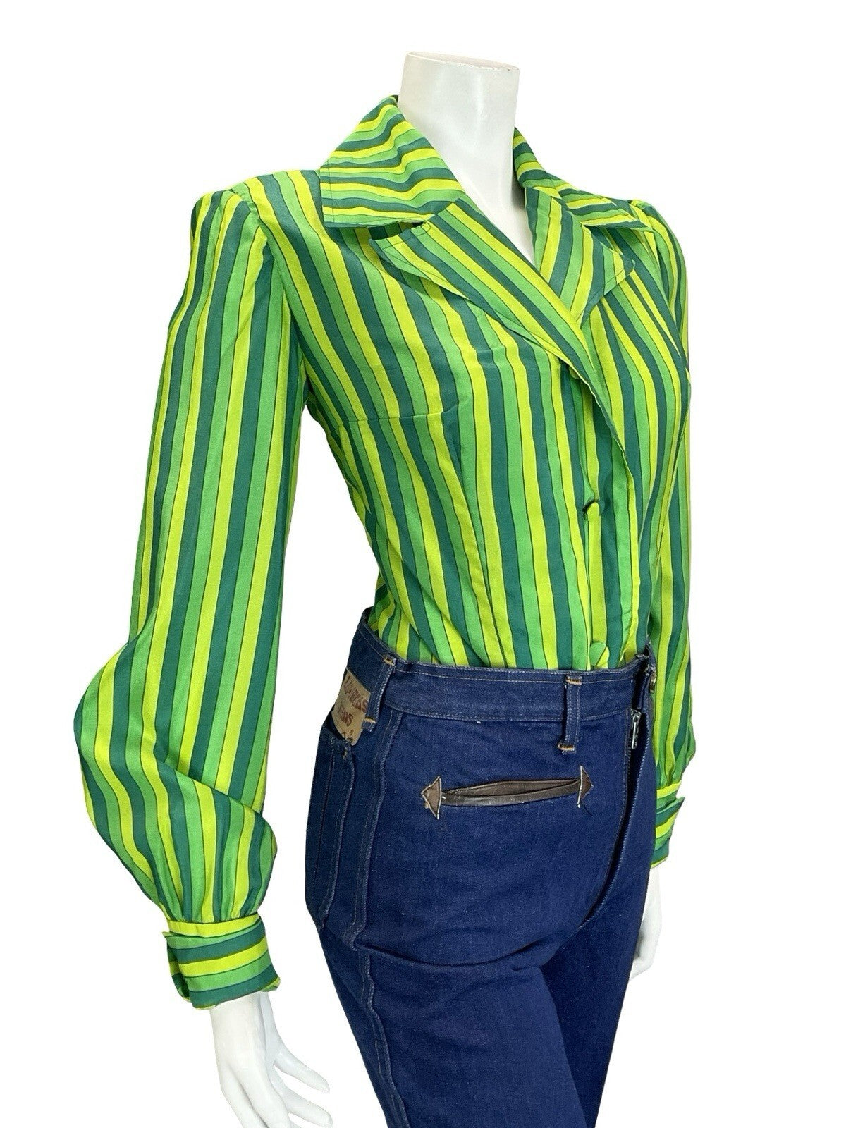 VTG 60S 70S GREEN STRIPED NOTCH LAPEL COLLAR BISHOP SLEEVE BLAZER SHIRT 12