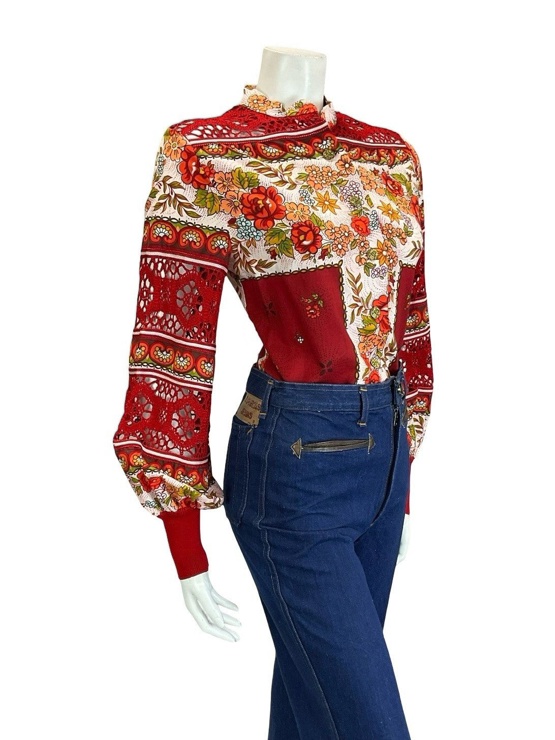 VTG 60S 70S RED WHITE ORANGE FLORAL FOLK CROCHET MANDARIN BALOON SLEEVE SHIRT 10