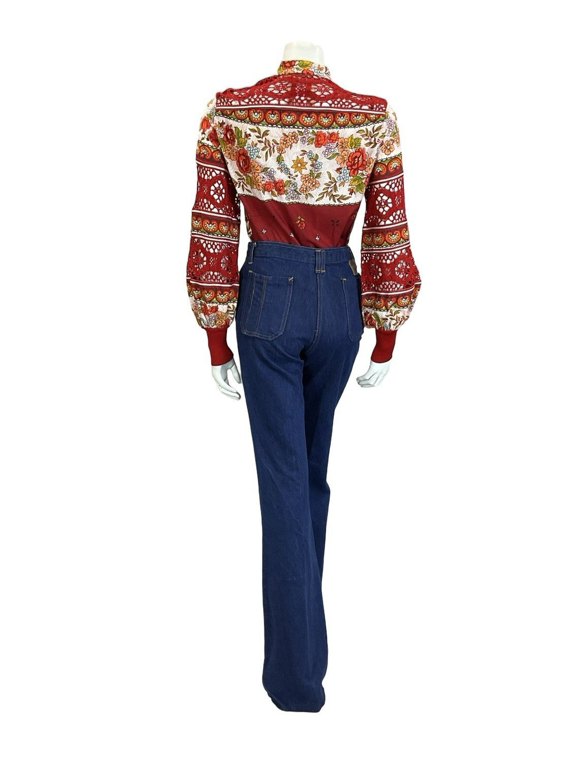 VTG 60S 70S RED WHITE ORANGE FLORAL FOLK CROCHET MANDARIN BALOON SLEEVE SHIRT 10