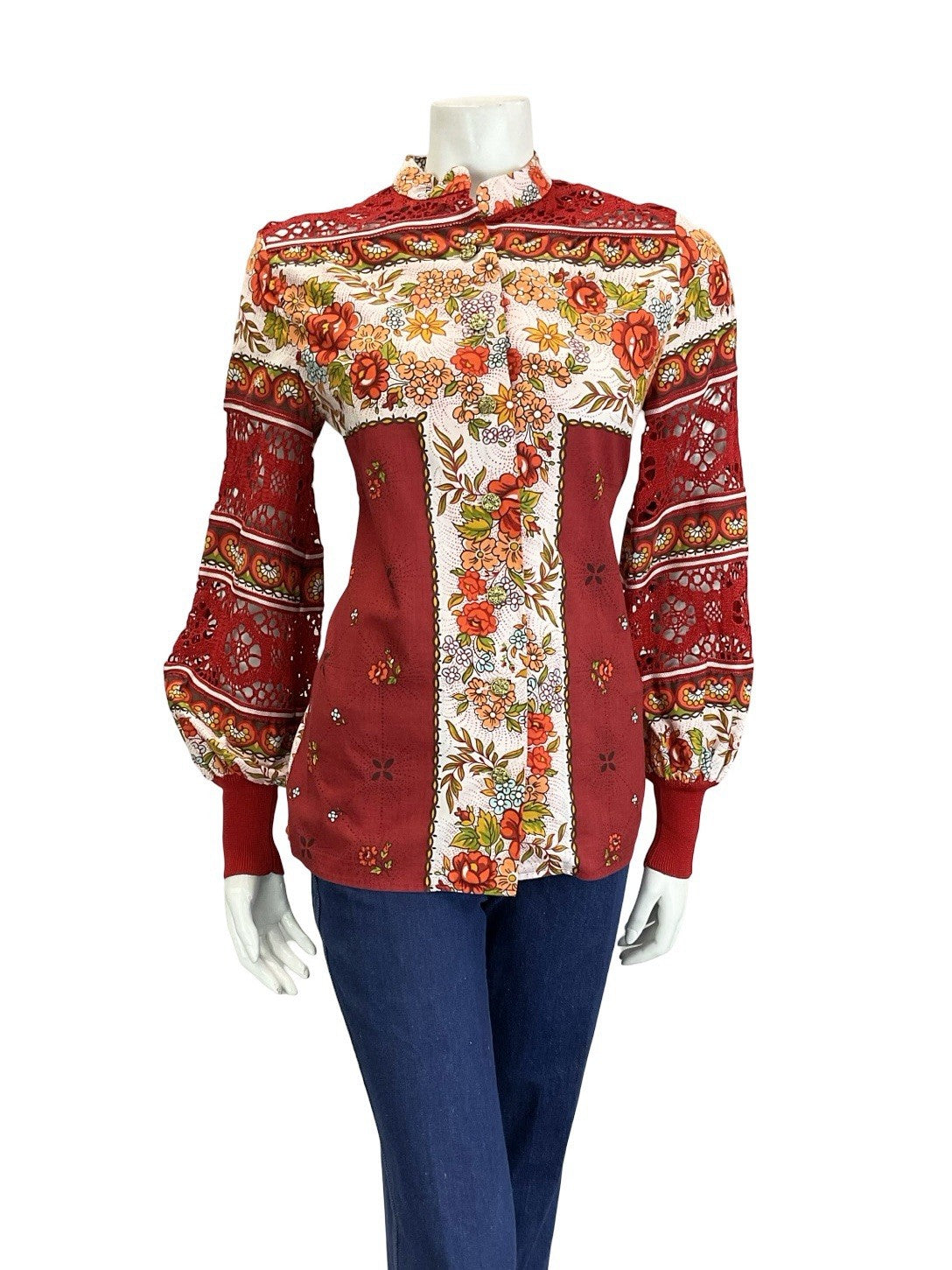 VTG 60S 70S RED WHITE ORANGE FLORAL FOLK CROCHET MANDARIN BALOON SLEEVE SHIRT 10