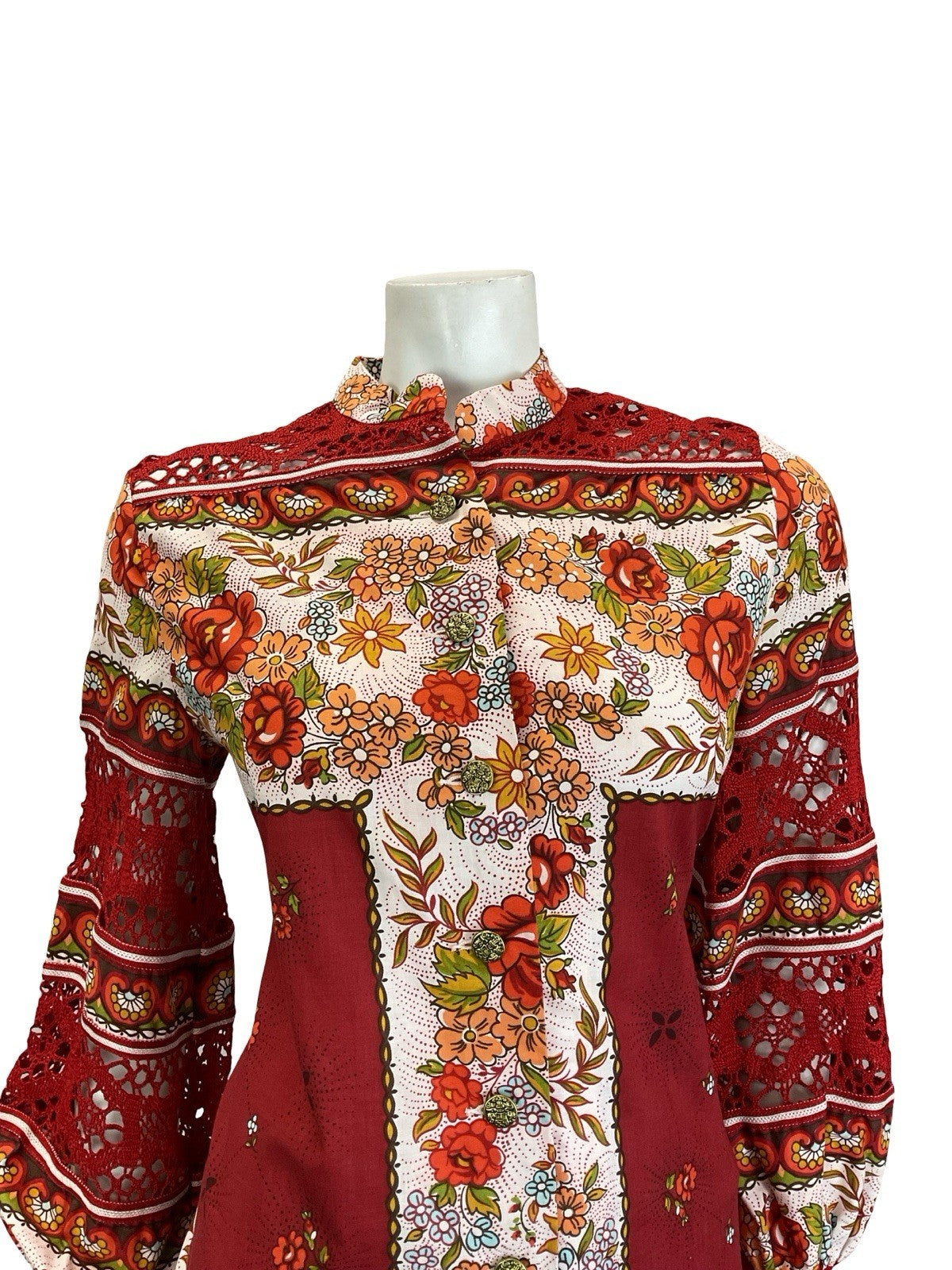 VTG 60S 70S RED WHITE ORANGE FLORAL FOLK CROCHET MANDARIN BALOON SLEEVE SHIRT 10