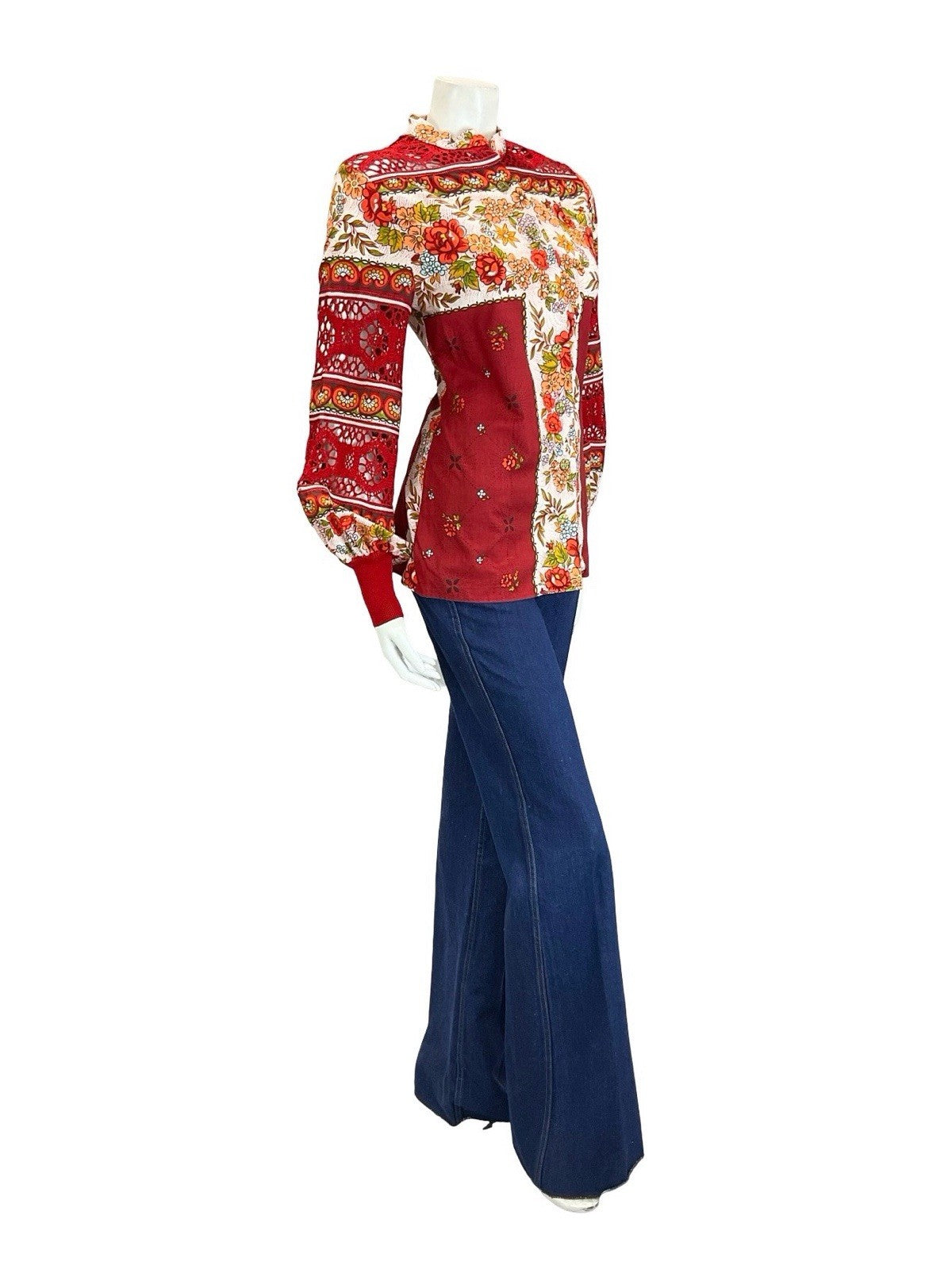 VTG 60S 70S RED WHITE ORANGE FLORAL FOLK CROCHET MANDARIN BALOON SLEEVE SHIRT 10