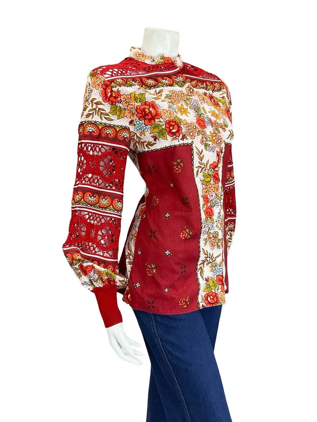 VTG 60S 70S RED WHITE ORANGE FLORAL FOLK CROCHET MANDARIN BALOON SLEEVE SHIRT 10