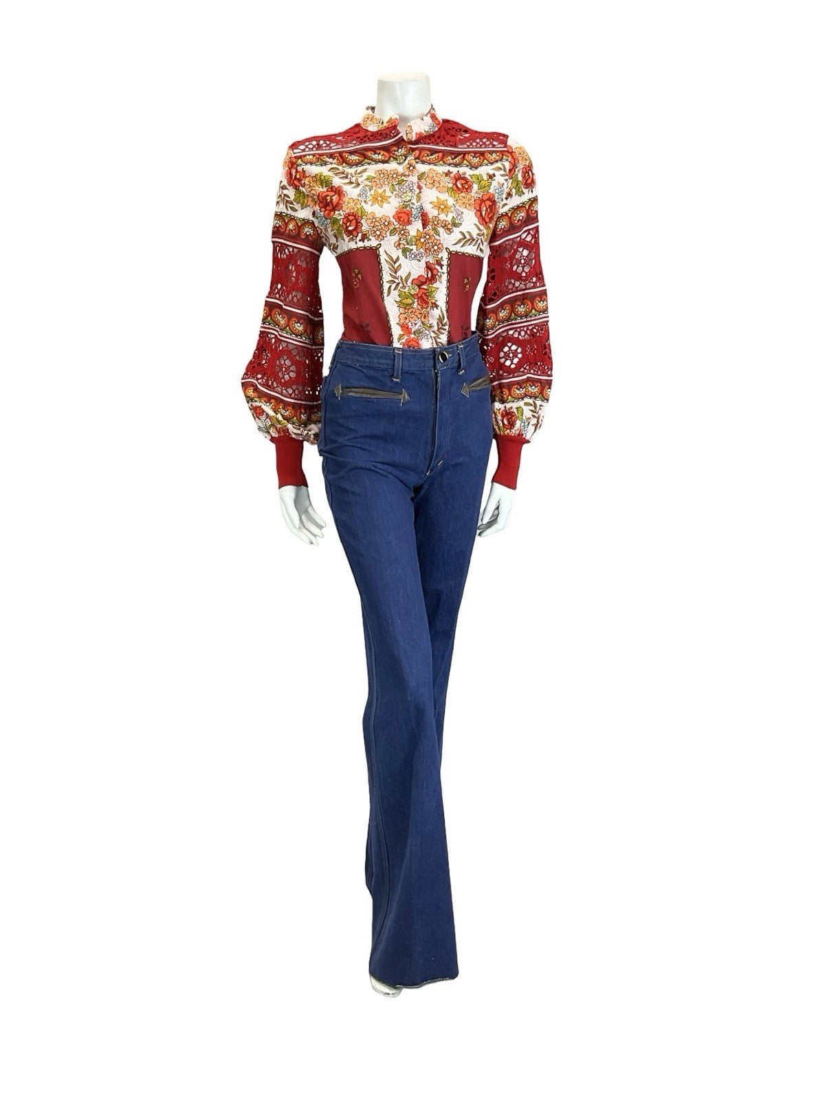 VTG 60S 70S RED WHITE ORANGE FLORAL FOLK CROCHET MANDARIN BALOON SLEEVE SHIRT 10