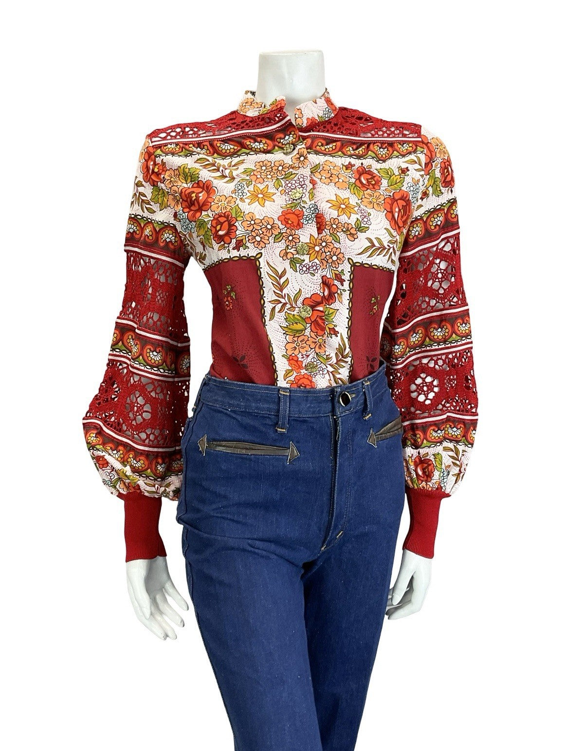 VTG 60S 70S RED WHITE ORANGE FLORAL FOLK CROCHET MANDARIN BALOON SLEEVE SHIRT 10