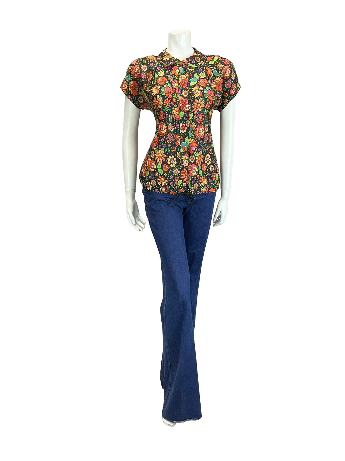 VTG 60S 70S BLACK RED ORANGE GREEN FOLK PSYCHEDELIC FLORAL BLOUSON BLOUSE 6 XS