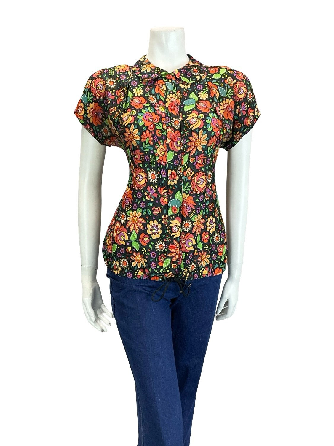 VTG 60S 70S BLACK RED ORANGE GREEN FOLK PSYCHEDELIC FLORAL BLOUSON BLOUSE 6 XS