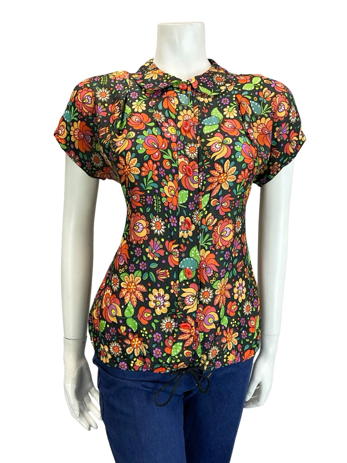 VTG 60S 70S BLACK RED ORANGE GREEN FOLK PSYCHEDELIC FLORAL BLOUSON BLOUSE 6 XS