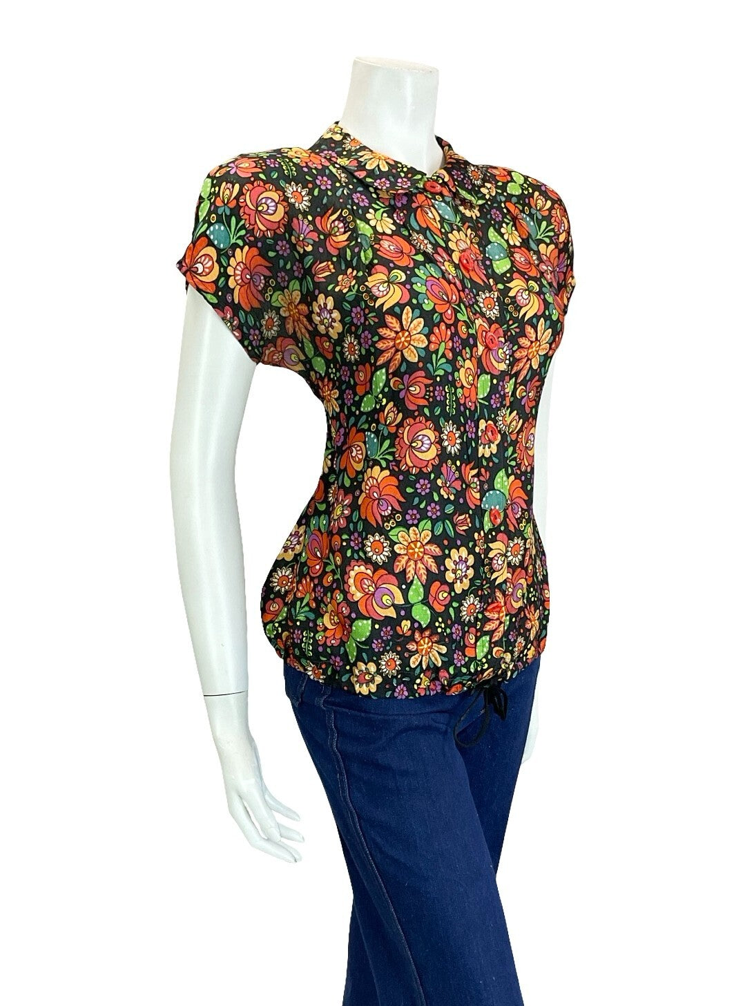 VTG 60S 70S BLACK RED ORANGE GREEN FOLK PSYCHEDELIC FLORAL BLOUSON BLOUSE 6 XS