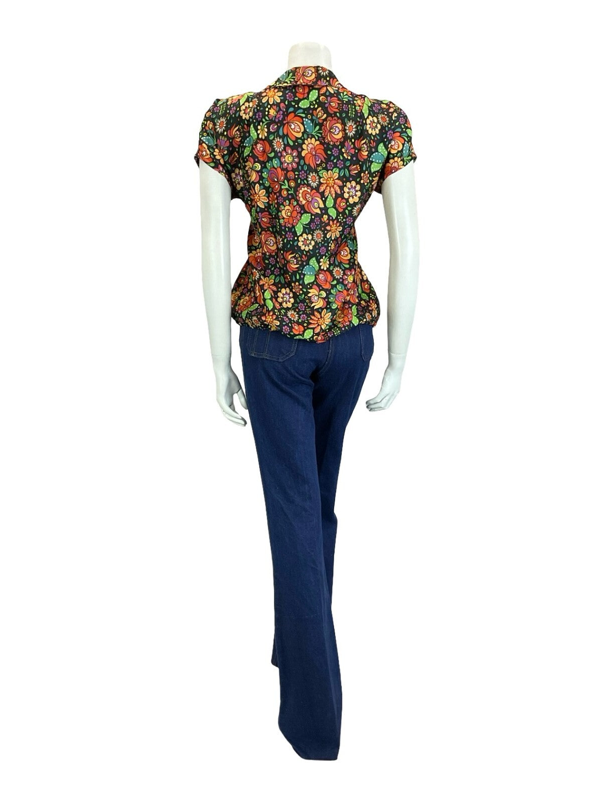 VTG 60S 70S BLACK RED ORANGE GREEN FOLK PSYCHEDELIC FLORAL BLOUSON BLOUSE 6 XS