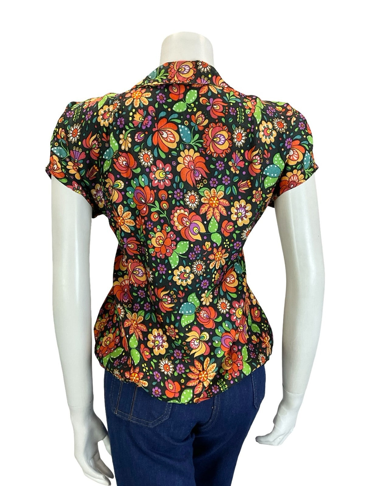 VTG 60S 70S BLACK RED ORANGE GREEN FOLK PSYCHEDELIC FLORAL BLOUSON BLOUSE 6 XS