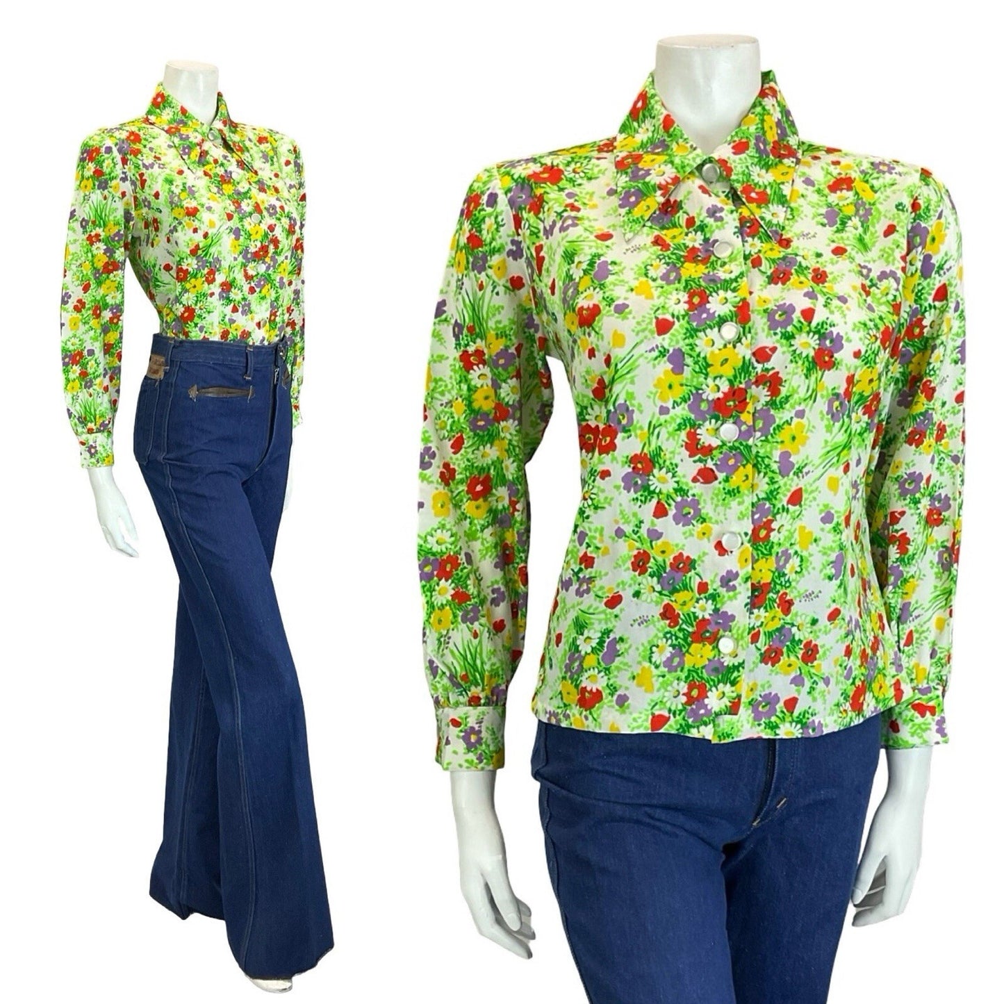 VTG 60S 70S WHITE GREEN RED PURPLE YELLOW DAGGER COLLAR FLORAL GARDEN SHIRT 12