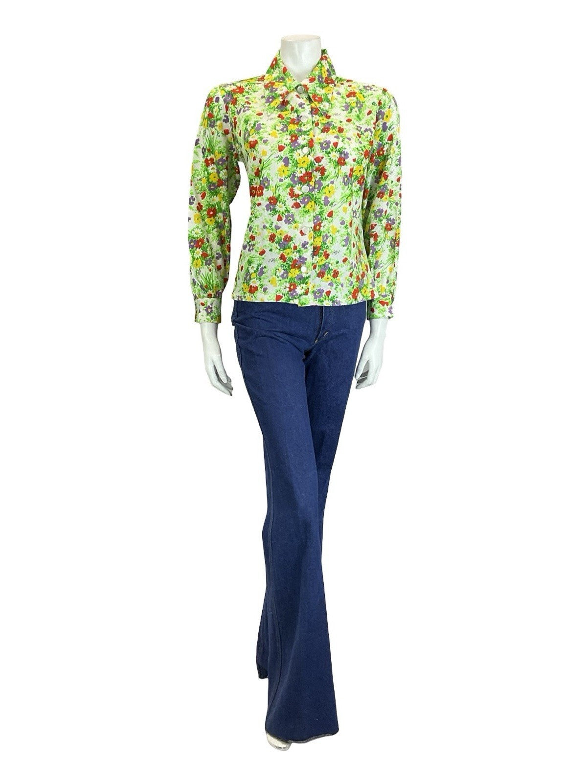 VTG 60S 70S WHITE GREEN RED PURPLE YELLOW DAGGER COLLAR FLORAL GARDEN SHIRT 12