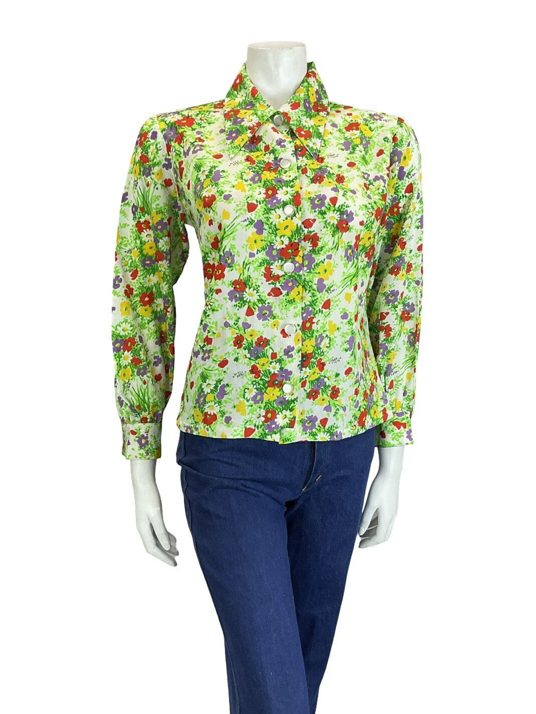 VTG 60S 70S WHITE GREEN RED PURPLE YELLOW DAGGER COLLAR FLORAL GARDEN SHIRT 12