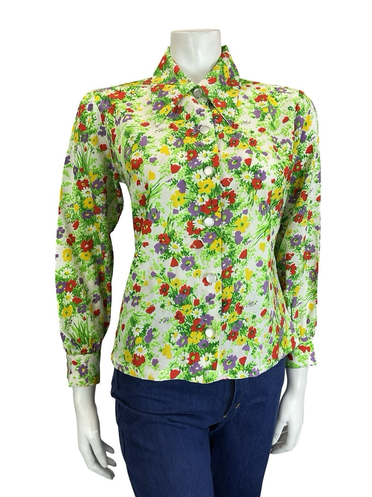VTG 60S 70S WHITE GREEN RED PURPLE YELLOW DAGGER COLLAR FLORAL GARDEN SHIRT 12