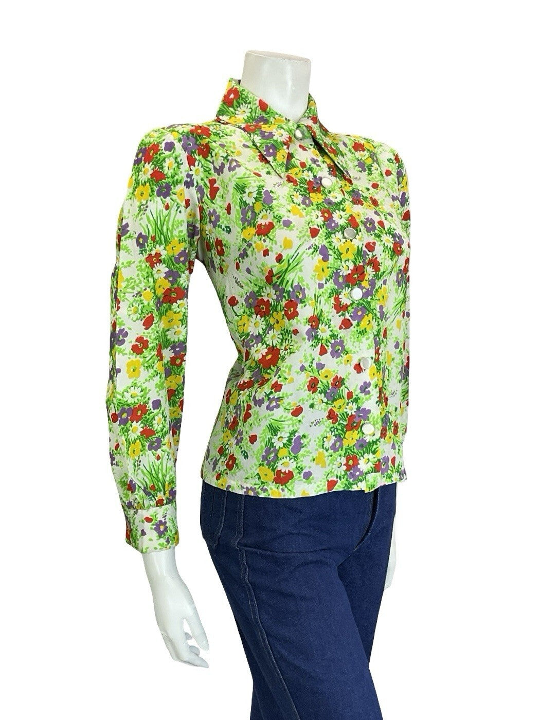 VTG 60S 70S WHITE GREEN RED PURPLE YELLOW DAGGER COLLAR FLORAL GARDEN SHIRT 12