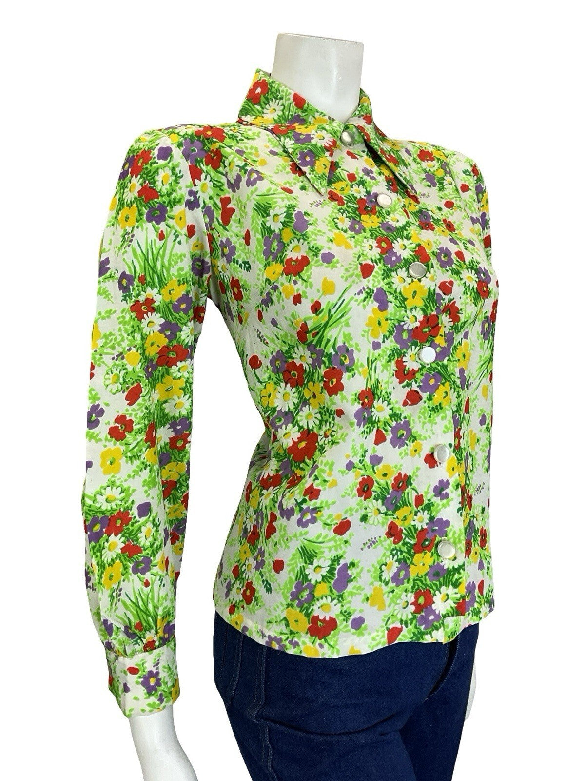 VTG 60S 70S WHITE GREEN RED PURPLE YELLOW DAGGER COLLAR FLORAL GARDEN SHIRT 12